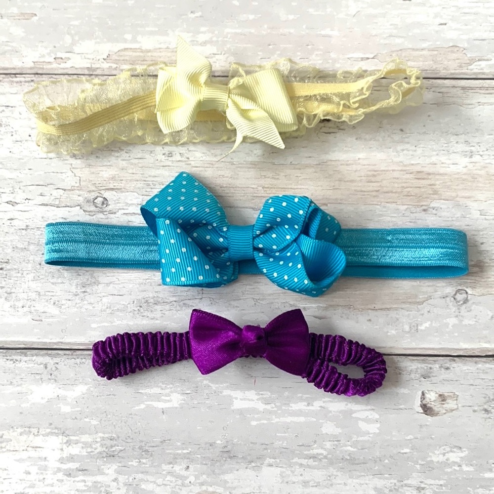 Baby Girl Bows Headbands Bundle Set of 3 Lace Yellow Blue Polka Dots Purple